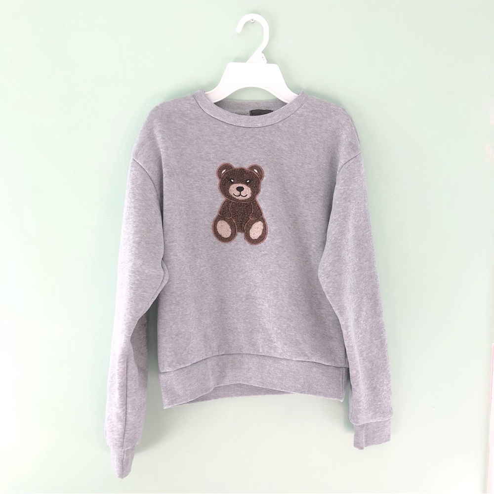 Splash Girls Kids Large Grey Textured Teddy Bear Pullover Long Sleeve Crewneck